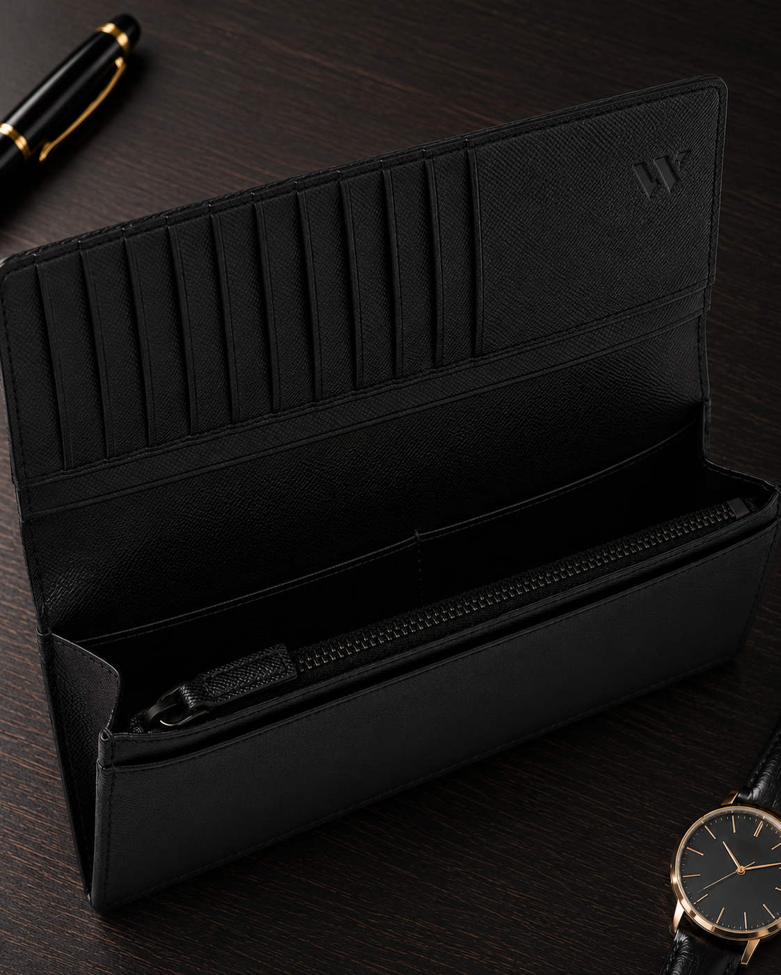 Wallex black leather wallet interior with card slots