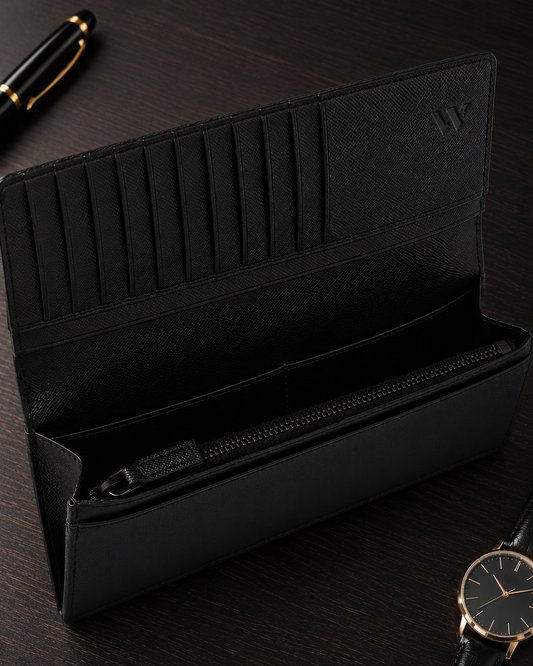 Wallex black leather wallet interior with card slots