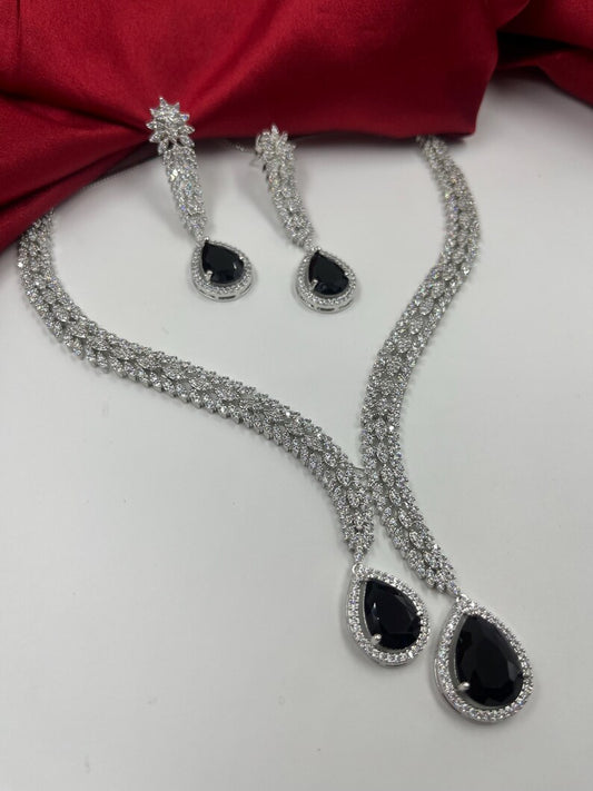 Black CZ Teardrop Necklace earrings Set