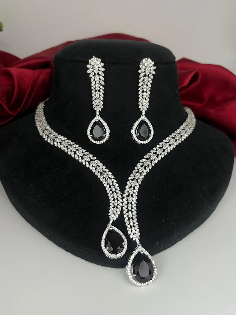 Black CZ Teardrop Necklace earrings Set