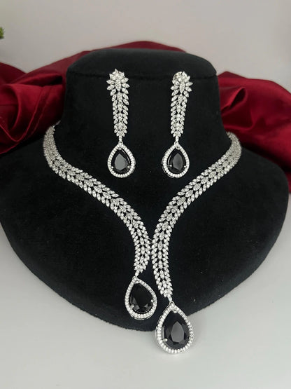 Black CZ Teardrop Necklace earrings Set