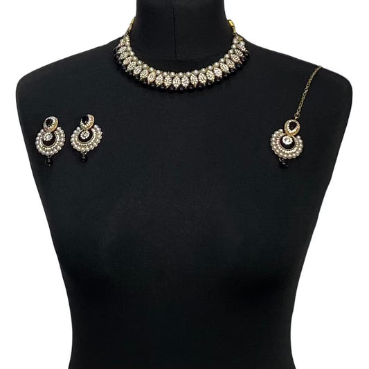 Black Gold Diamonte Collar Necklace, Chandbali Earrings and Tikka Set