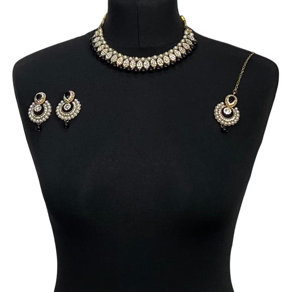 Black Gold Diamonte Collar Necklace, Chandbali Earrings and Tikka Set
