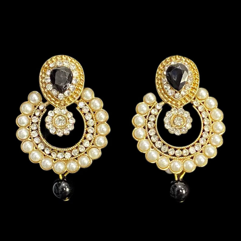 Black Gold Diamonte Collar Necklace, Chandbali Earrings and Tikka Set