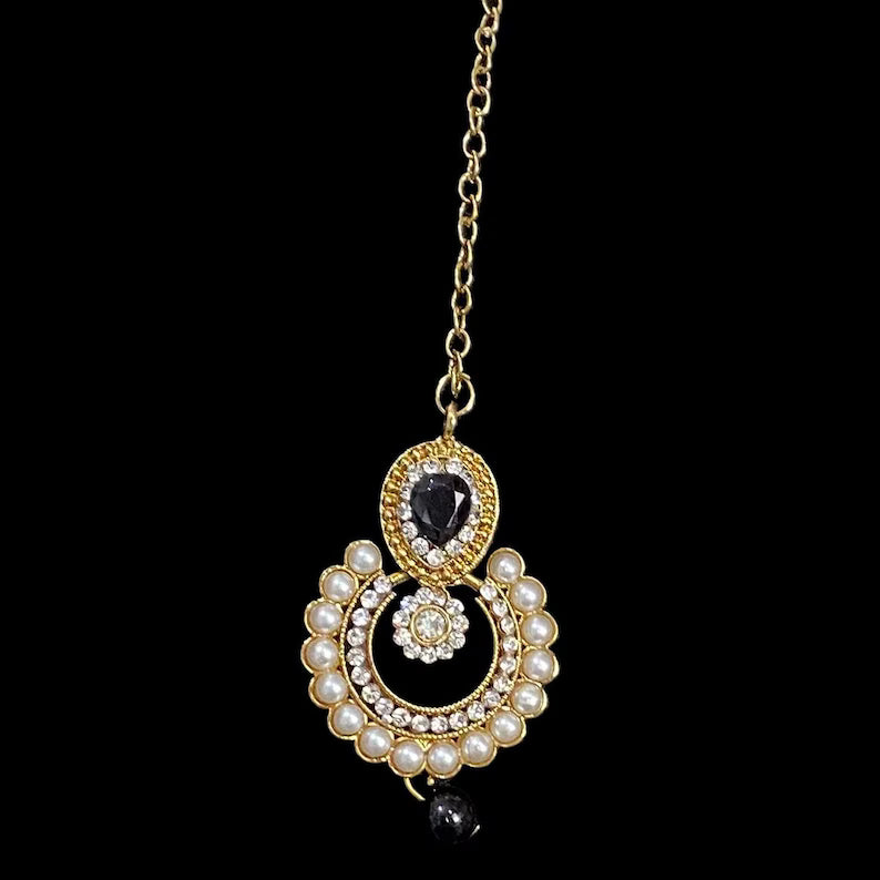 Black Gold Diamonte Collar Necklace, Chandbali Earrings and Tikka Set